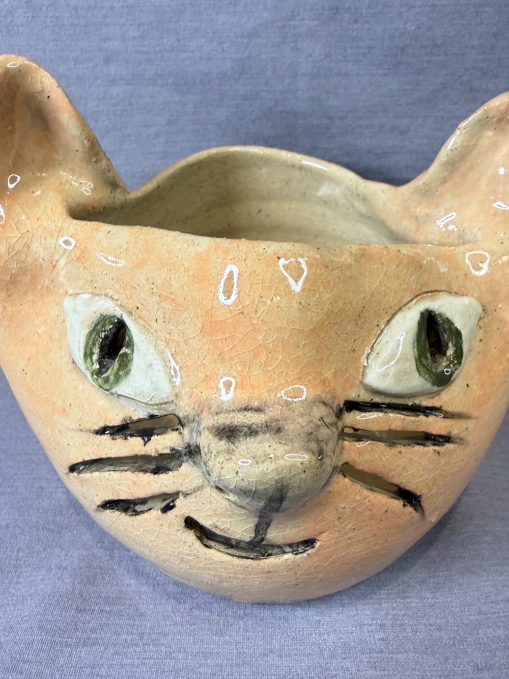 Folk Art Cat Pottery Tealight Candle Holder Trinket Dish Bowl Handmade - Picture 5 of 12